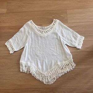 White Boho Top Crochet Trim Fringe Hem Relaxed Fit Women M Festival Beach